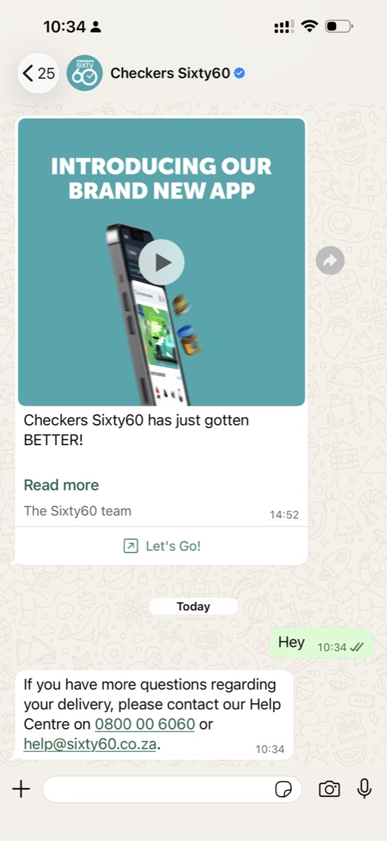 A Checkers Sixty60 WhatsApp broadcast announcing their brand new app