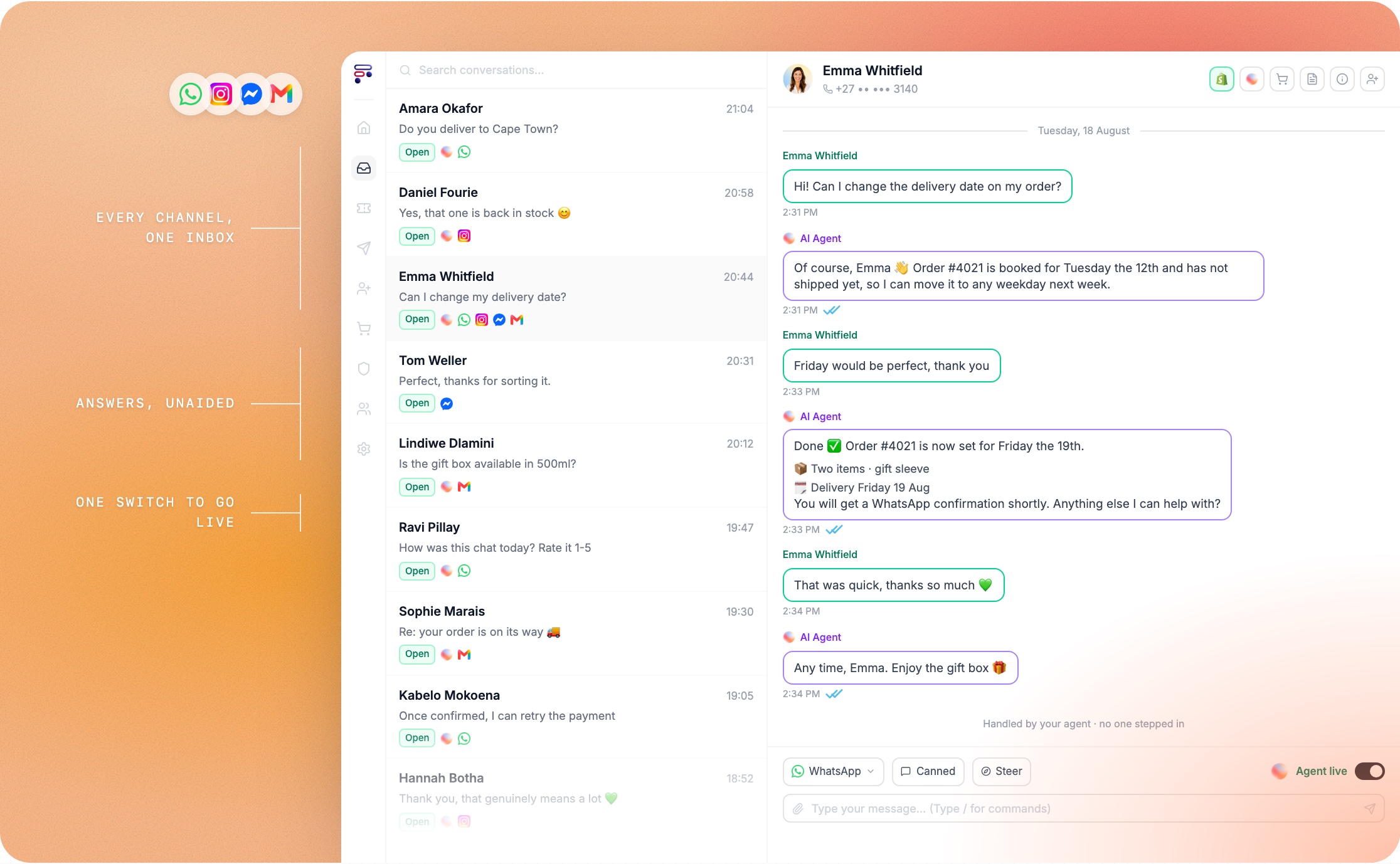 The FlowIQ inbox today: every channel in one inbox, a customer conversation handled end to end by the AI agent, and one switch to go live