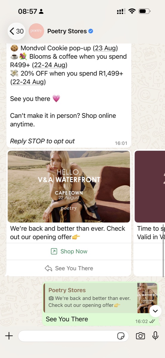 A Poetry WhatsApp broadcast carousel with one offer per card