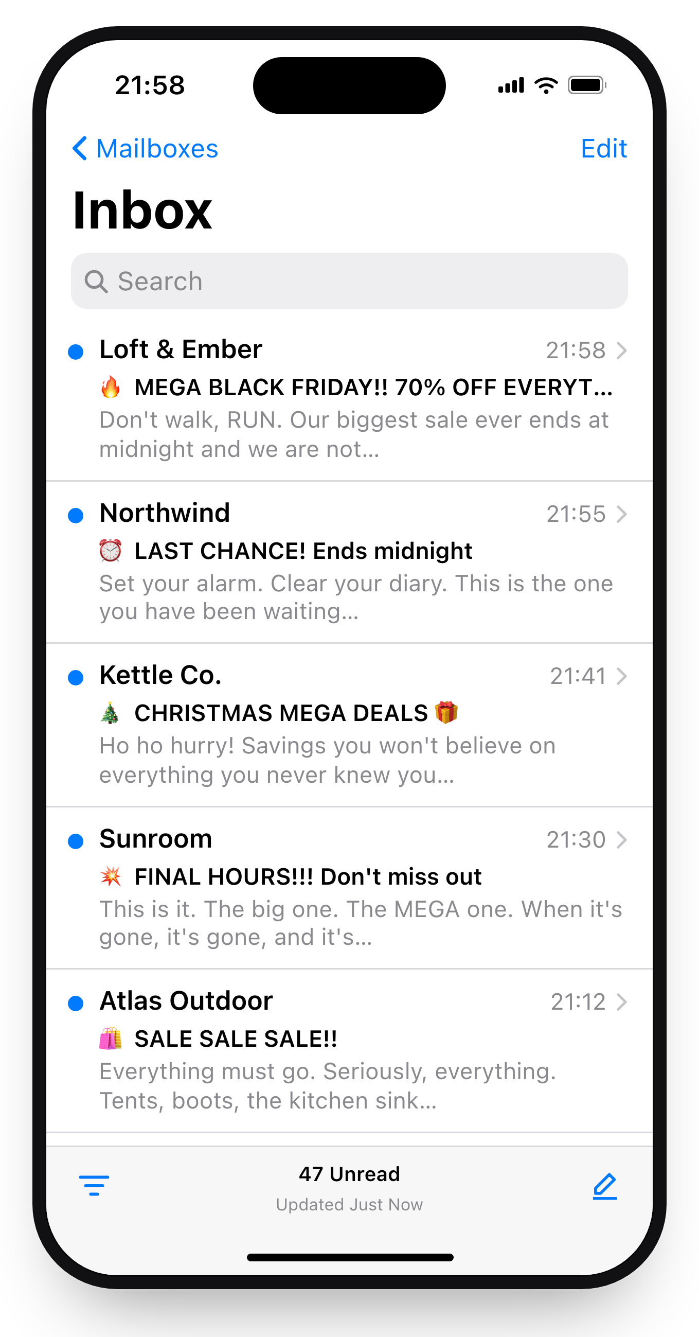 An email inbox on a phone with 47 unread messages, every subject line a Black Friday shout