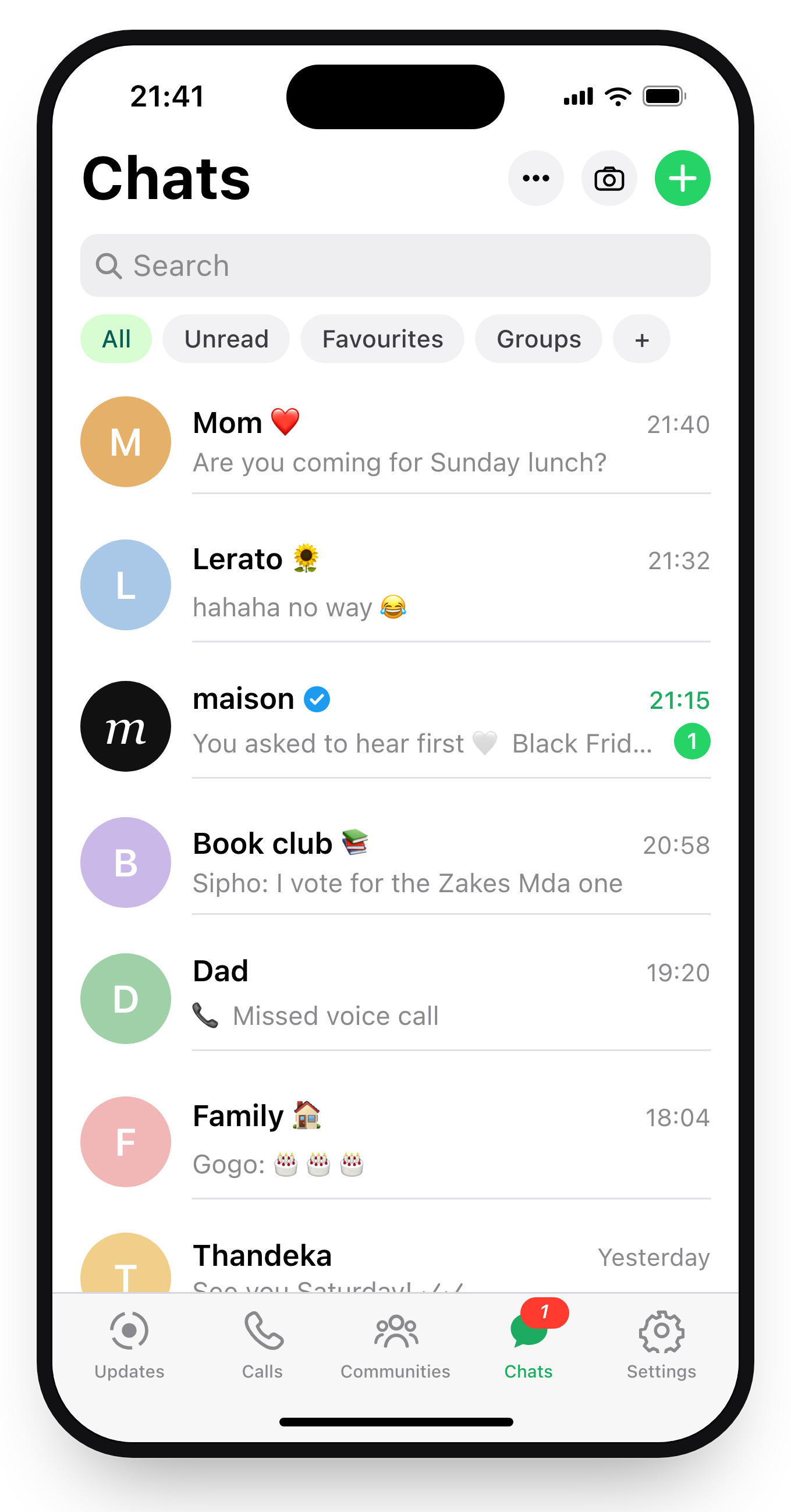 A WhatsApp chat list on a phone: Mom, a friend, the family group, and one brand with a single unread message
