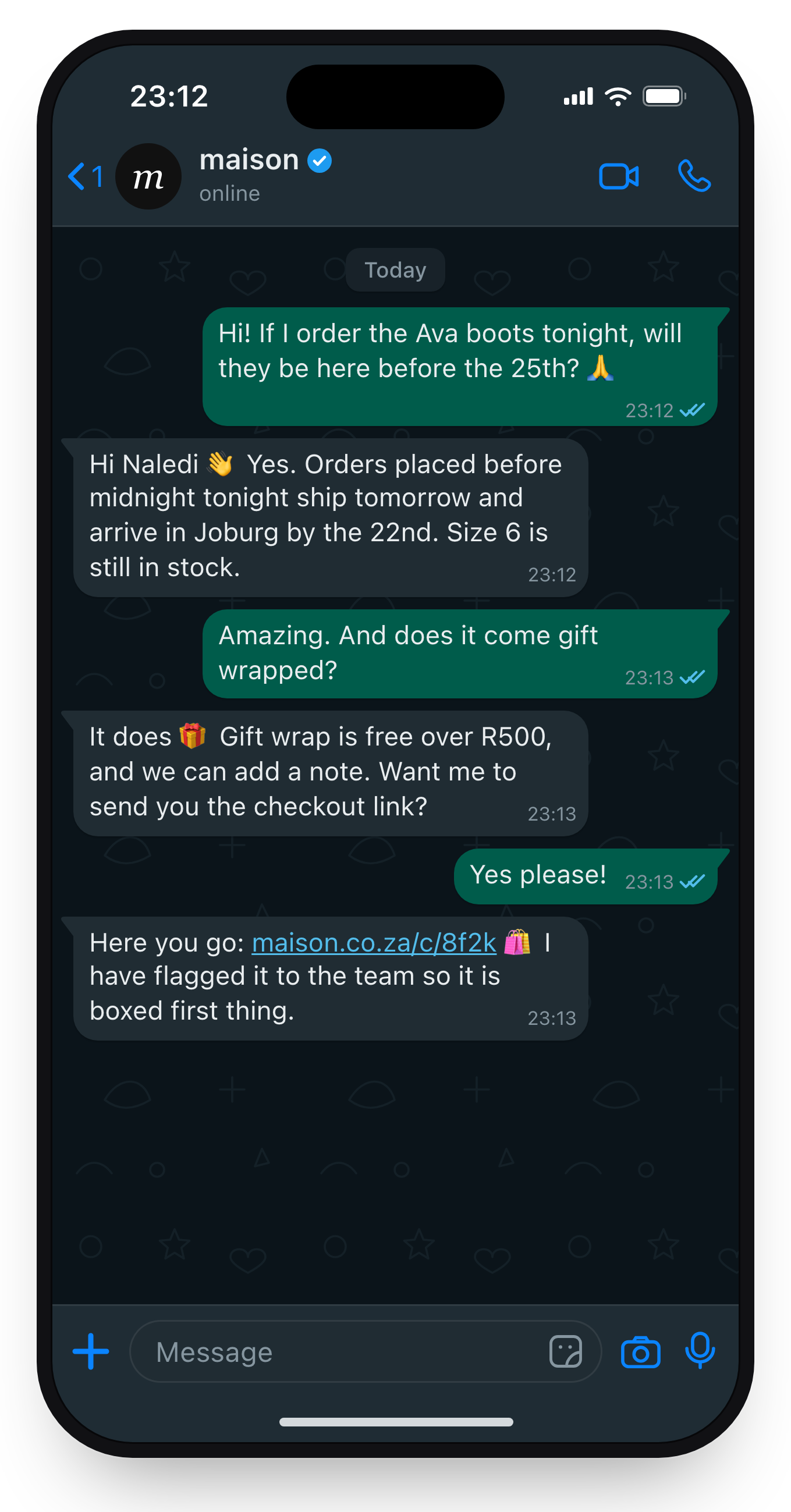 A WhatsApp chat at 23:12 in dark mode: a customer asks whether boots ordered tonight will arrive before the 25th, and the brand answers within the minute, confirms gift wrapping and sends a checkout link