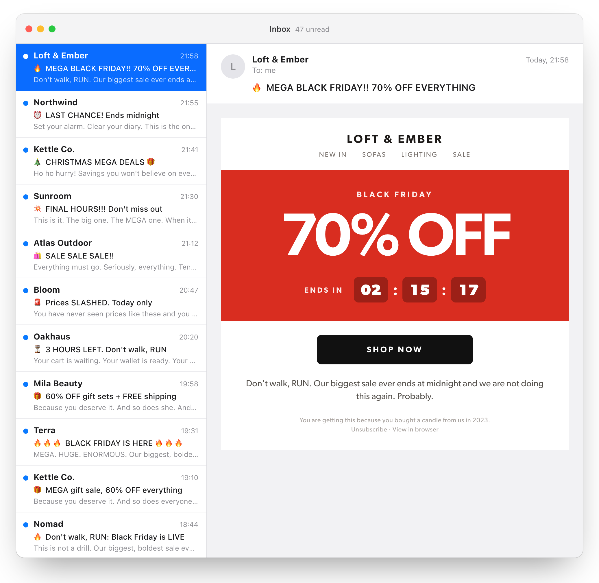 A mail app with a crowded inbox list on the left, every row unread and shouting about Black Friday, and one of them open on the right: a red block, 70% OFF, a countdown and a SHOP NOW button