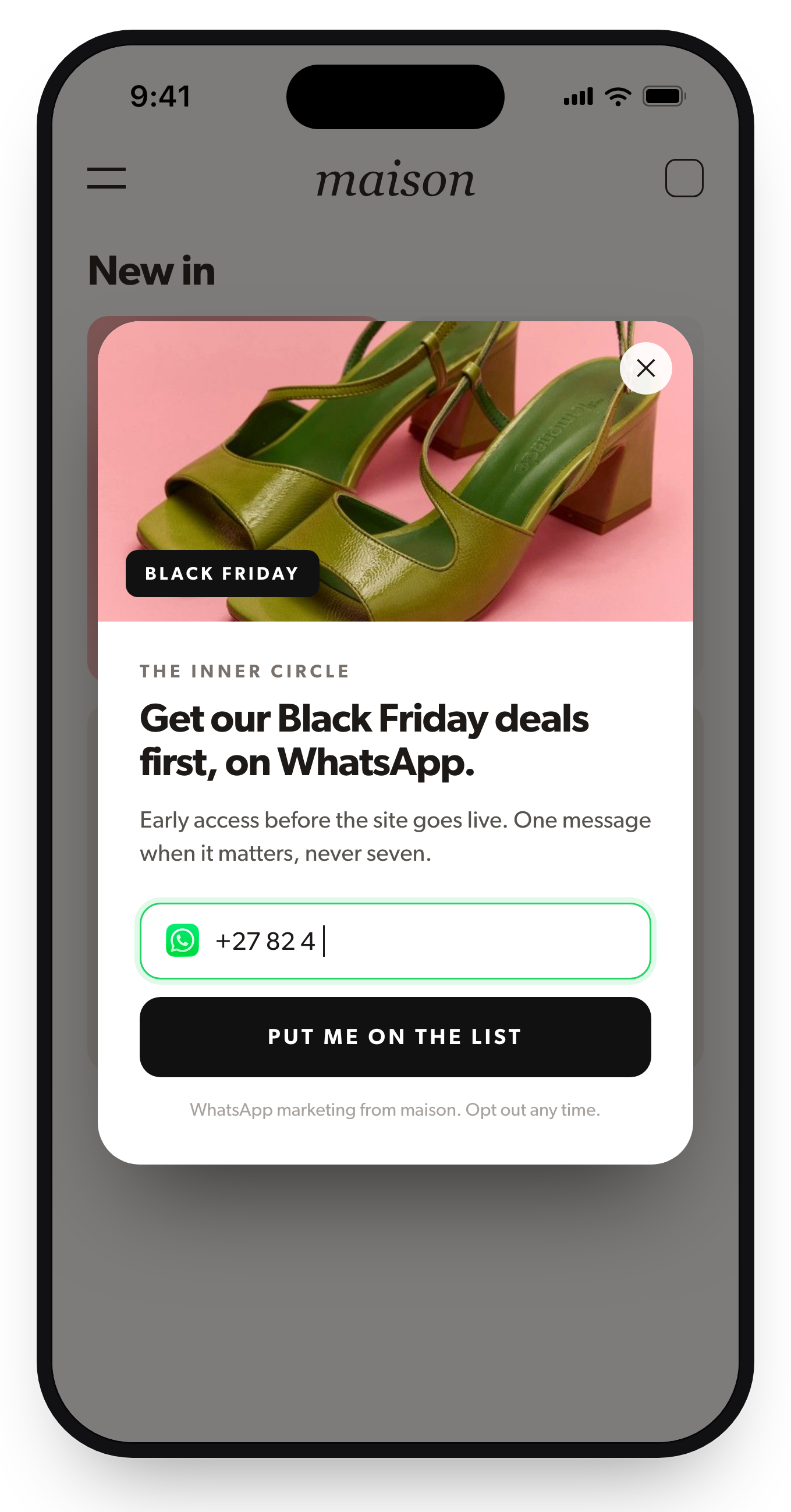 A popup on a shoe store's mobile site: Get our Black Friday deals first, on WhatsApp, with a name field, a WhatsApp number field and a black Put me on the list button