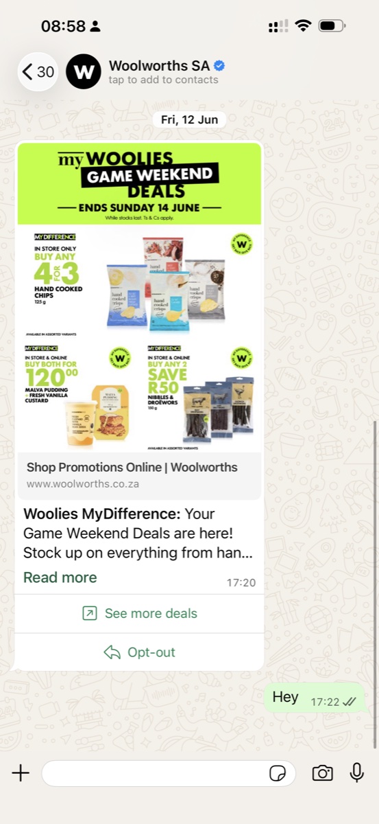 A Woolworths WhatsApp broadcast with a weekend of deals in one image