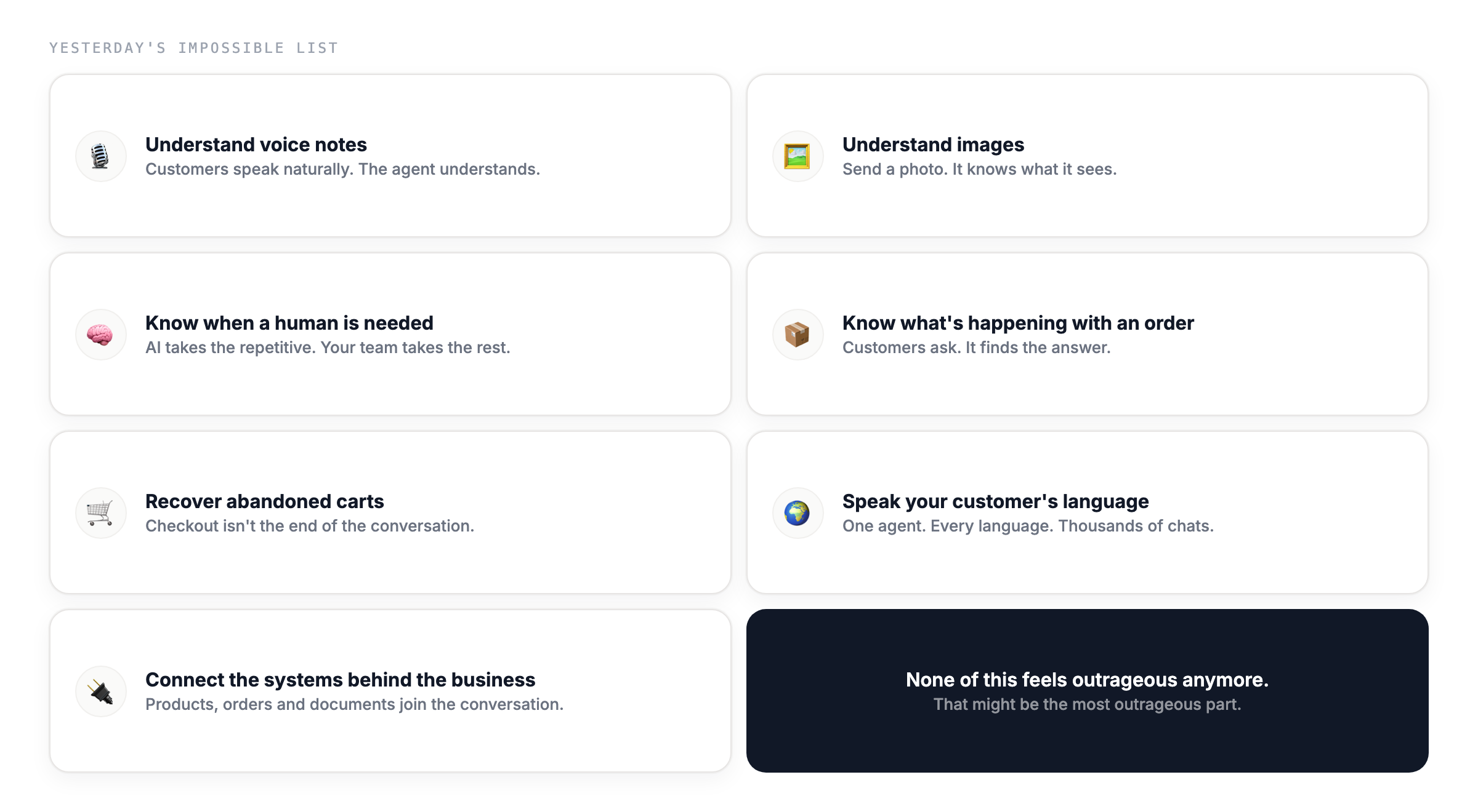 A grid of capabilities that sounded impossible a few years ago and that FlowIQ does today: voice notes, images, human handoff, order lookups, cart recovery, languages, and system integrations